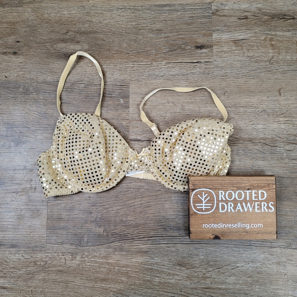 Vintage Sequin Bra Gold Adjustable Lingerie Sparkle Flapper 80s Costume Club 34B